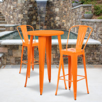 Flash Furniture CH-51080BH-2-30CAFE-OR-GG 24" Round Metal Bar Table Set with 2 Cafe Barstools Set in Orange